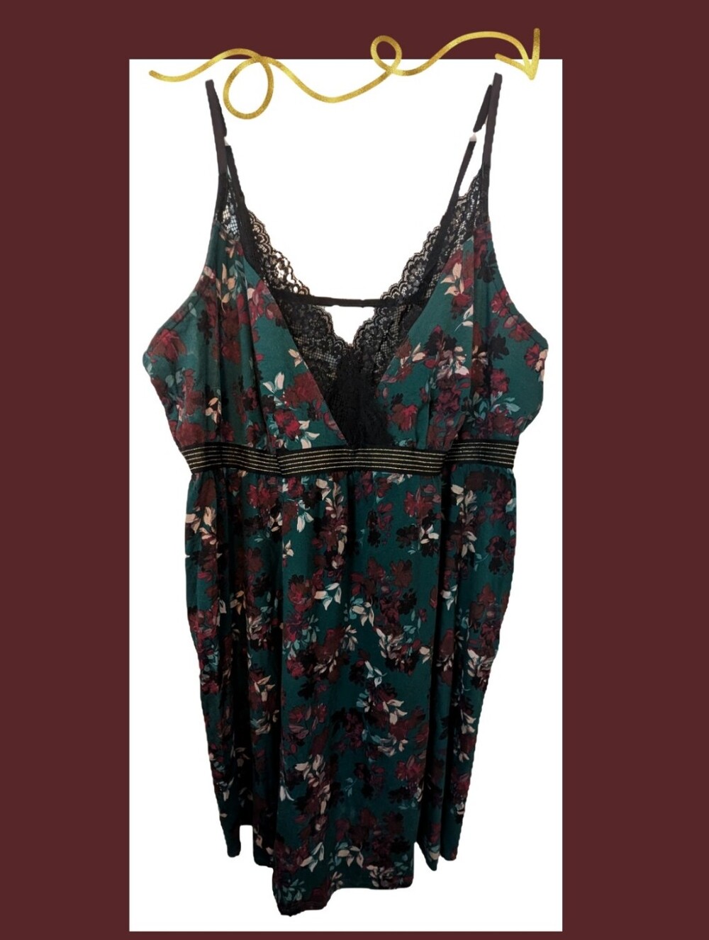 Cacique Green and Burgundy Floral Black Lace Trim Nightgown, Size 26/24